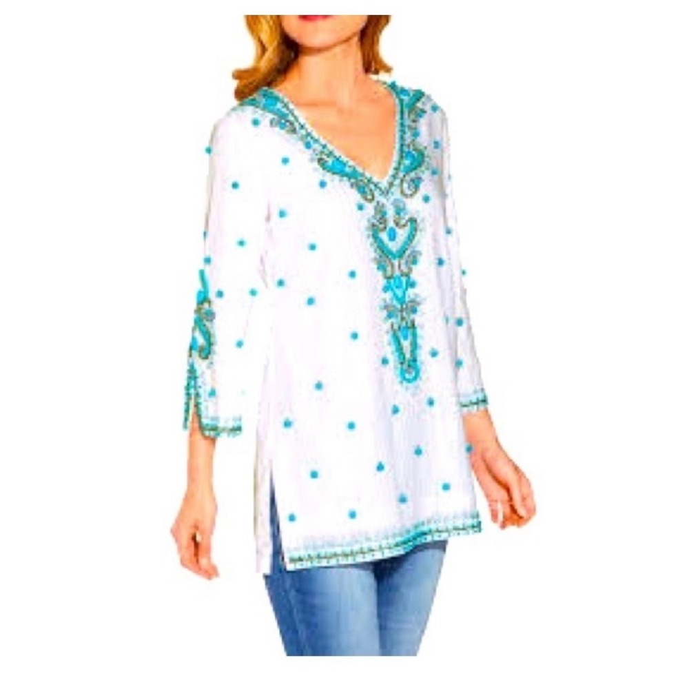 Boston‎ Proper Boho White Silver Metallic Beaded Tunic Top Embroidery size M